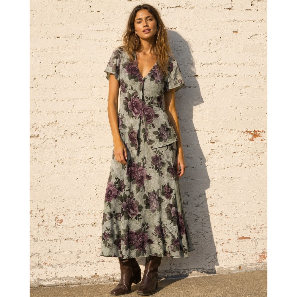 Vintage Jessica Howard Rose Floral Maxi Dress Chiffon Cottagecore 90s Goth M
